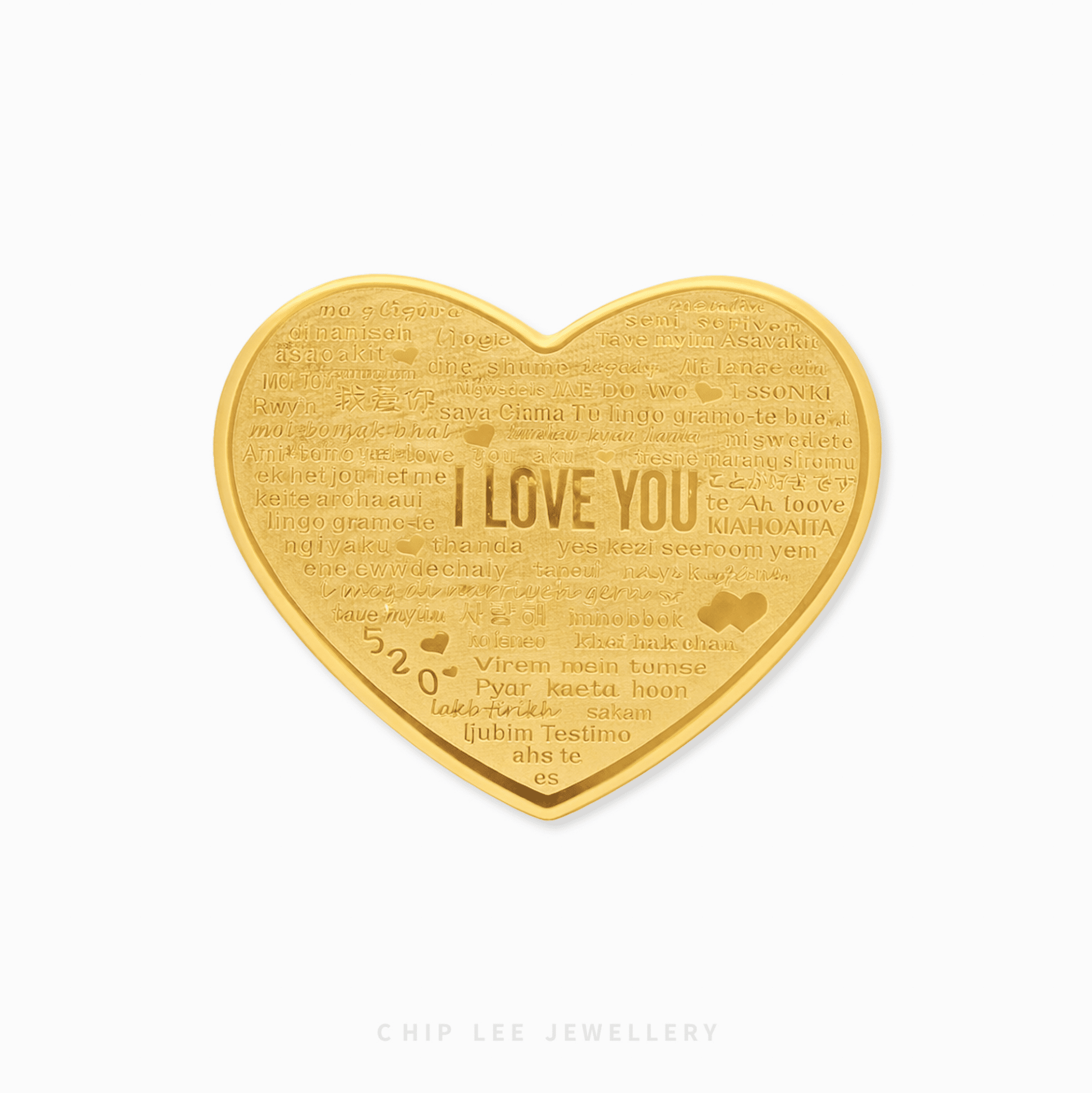 999 Pure Gold 520 Heart collectable in a luxury gift box with a clear acrylic casing, featuring a detailed "520" romantic motif.