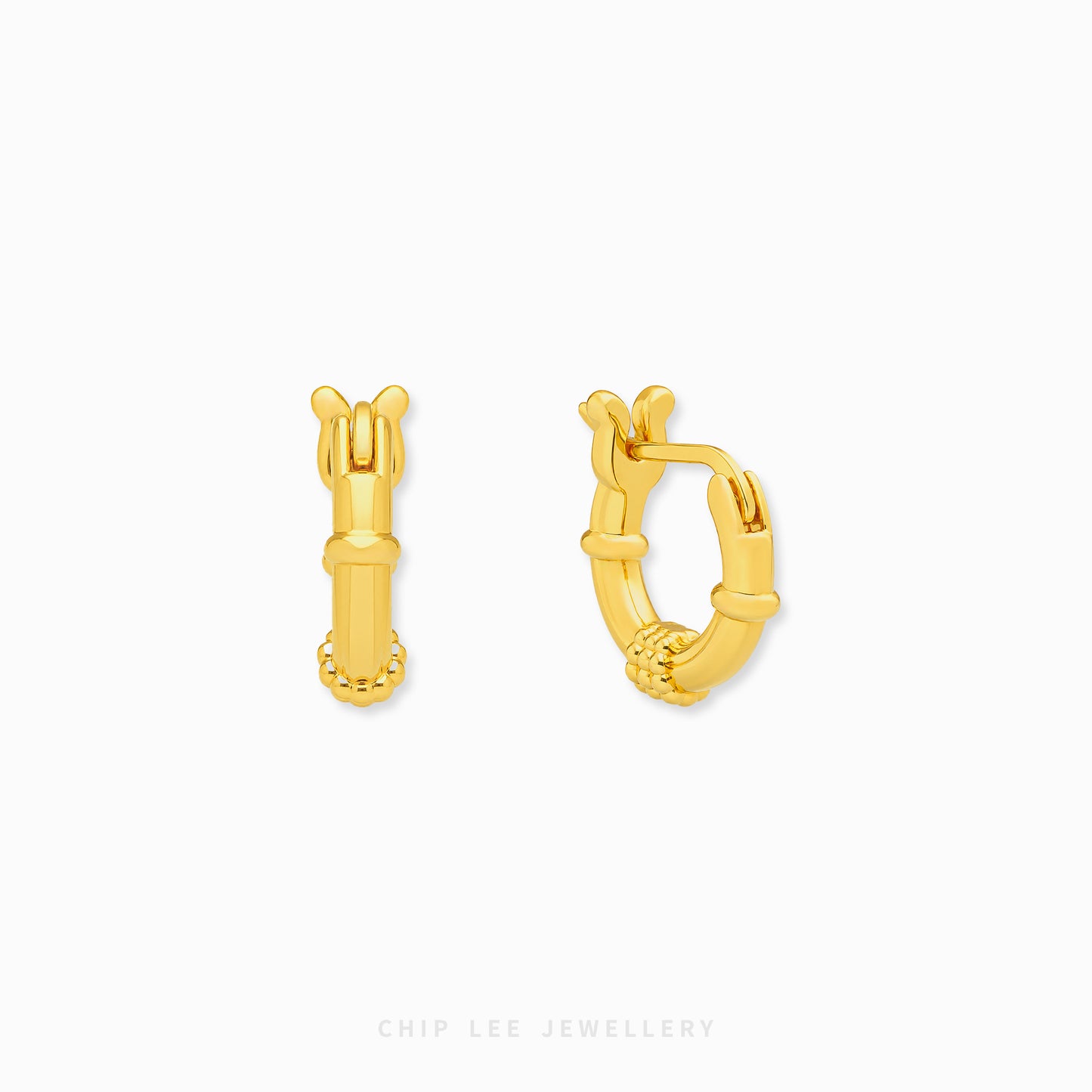 A pair of gold huggie hoop earrings with a textured bamboo-inspired design, shown on a clean white background with the brand name 'CHIP LEE JEWELLERY' at the bottom.