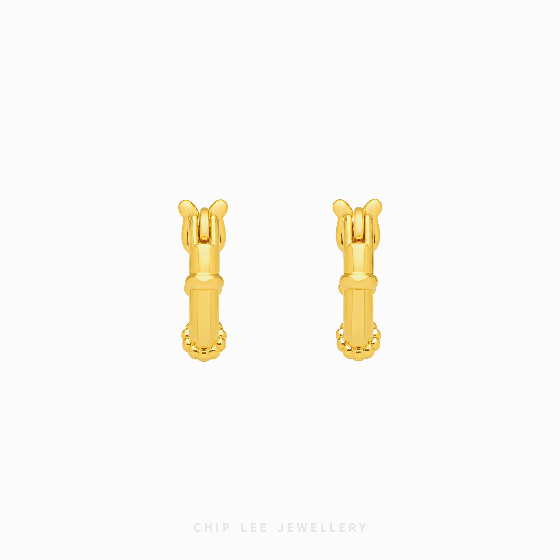 A pair of gold hoop earrings with a decorative top and bottom bead detailing, shown on a plain white background with the brand name 'CHIP LEE JEWELLERY' at the bottom.