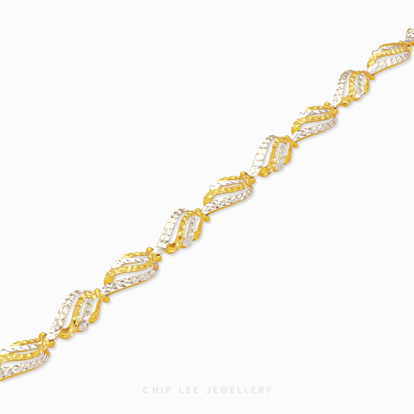 916 gold Seraphina wing design bracelet featuring intertwined yellow and white gold-toned links with flowing feather-like details