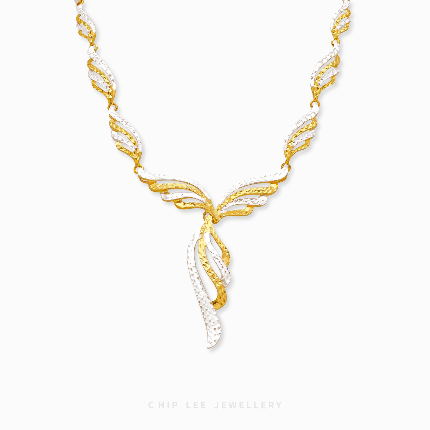 916 gold Seraphina wing design necklace with two-tone curved links and cascading wing-inspired centrepiece