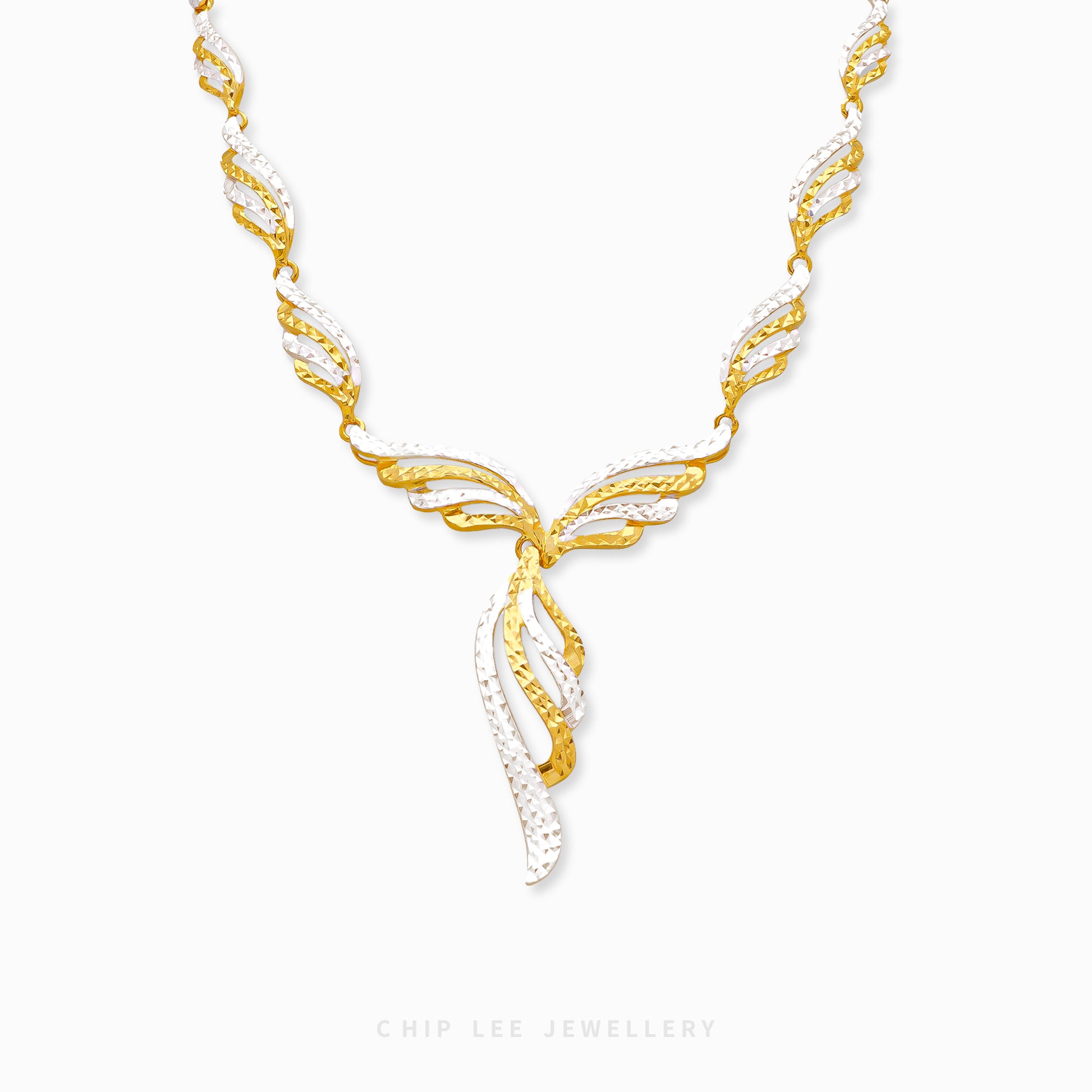 916 gold Seraphina wing design necklace with two-tone curved links and cascading wing-inspired centrepiece