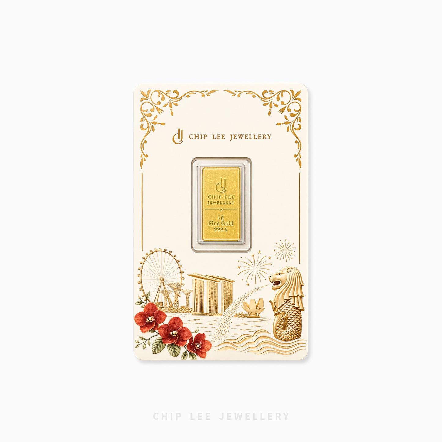 A gold bar presented on a decorative cream card from Chip Lee Jewellery, with ornate gold border details and illustrations including a Ferris wheel, temple, fireworks, and a merlion. The card is centered on a light gray background.