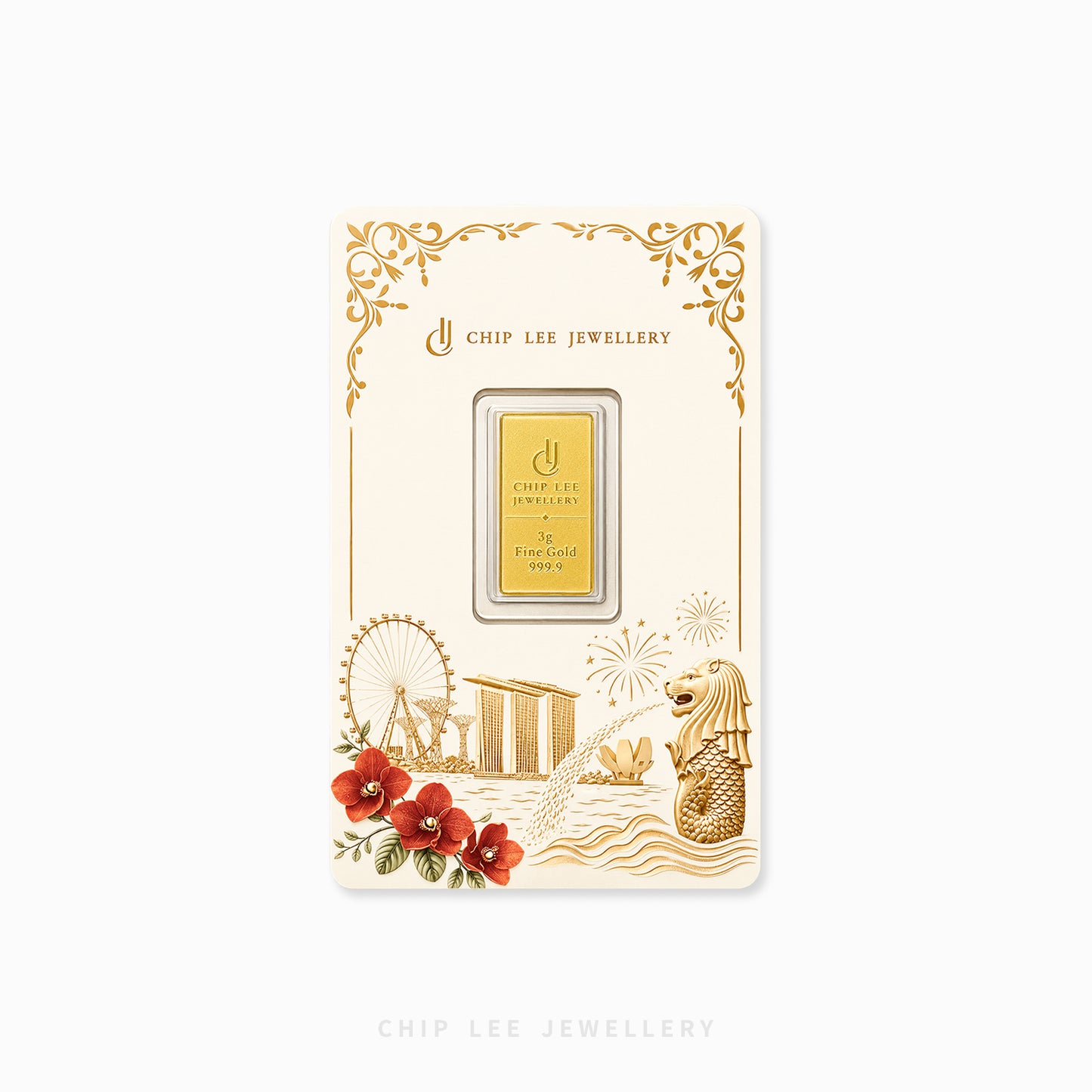 A gold bar specimen in a clear display window on a cream-colored backing card with gold ornamental borders and 'CHIP LEE JEWELLERY' branding, shown against a light gray background.