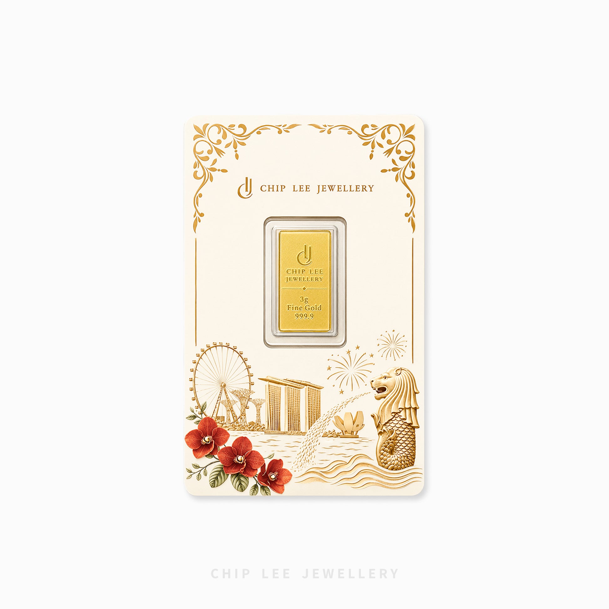A gold bar specimen in a clear display window on a cream-colored backing card with gold ornamental borders and 'CHIP LEE JEWELLERY' branding, shown against a light gray background.