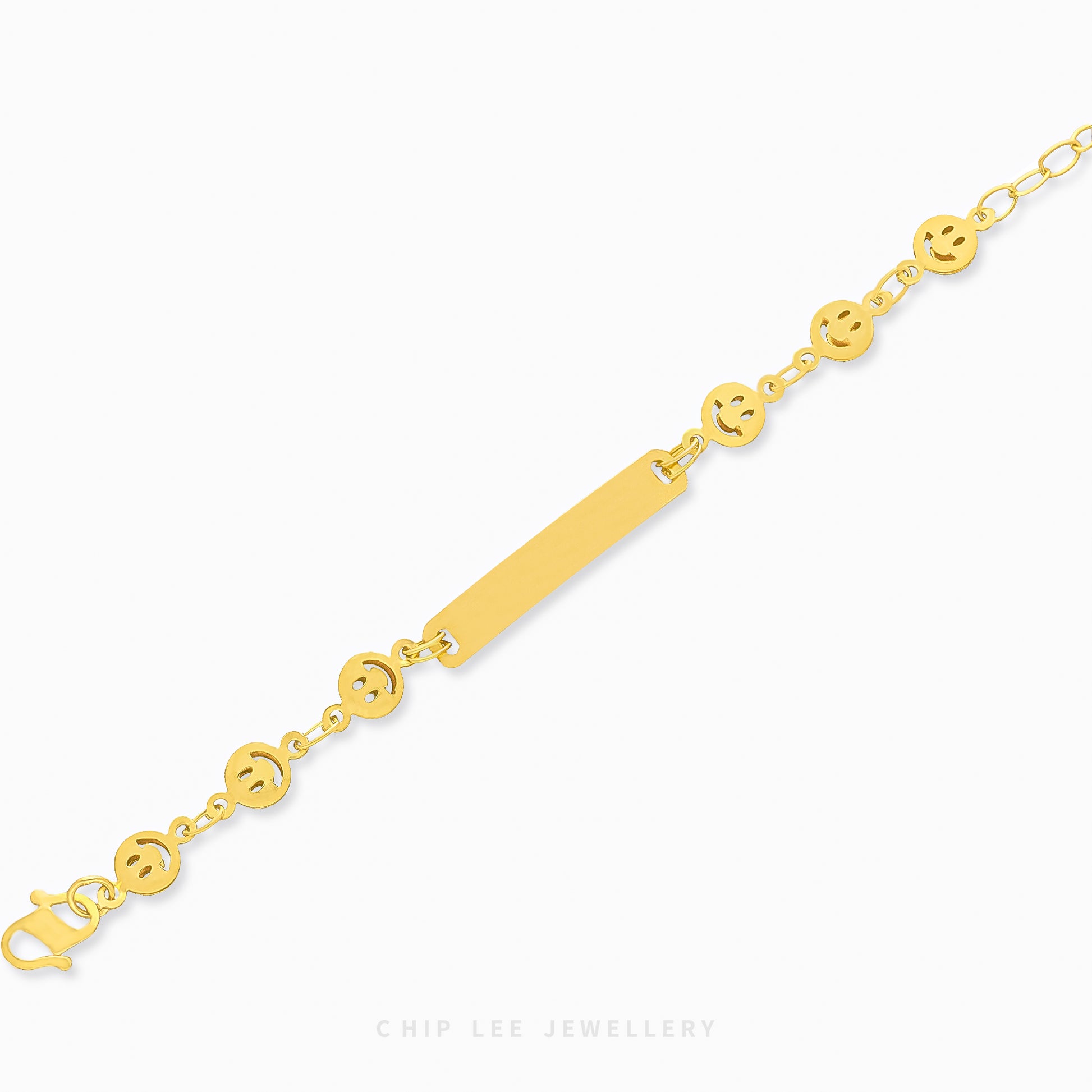 Smiley Baby Bracelet by Chip Lee Jewellery, 916 gold, featuring smiley face charms, symbolizing joy and positivity for newborns.