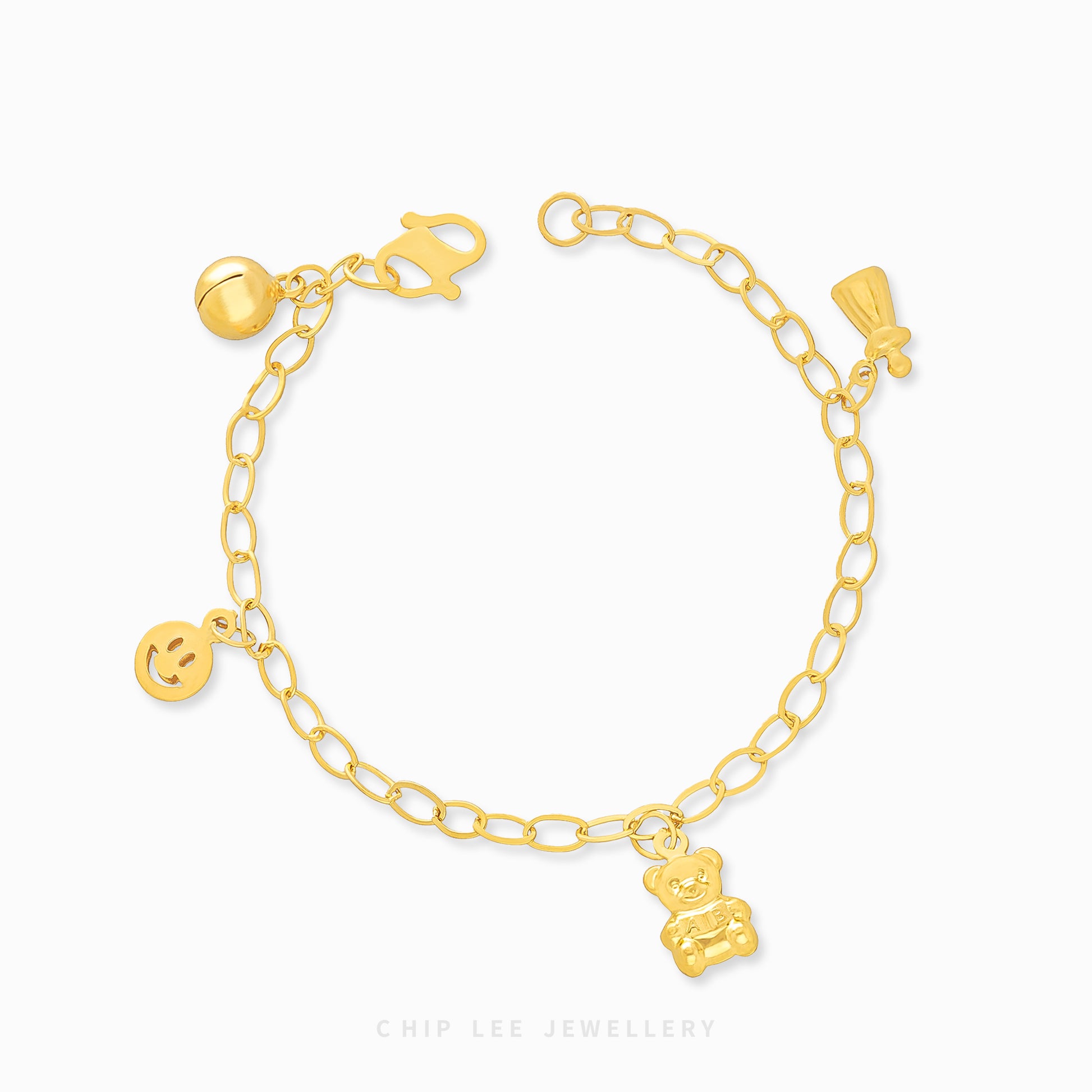 Smiley, Bear, Milk Bottle Charms Baby Bracelet by Chip Lee Jewellery, 916 gold, featuring playful charms, symbolizing joy and protection for newborns.