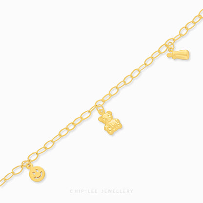 Smiley, Bear, Milk Bottle Charms Baby Bracelet by Chip Lee Jewellery, 916 gold, featuring playful charms, symbolizing joy and protection for newborns.