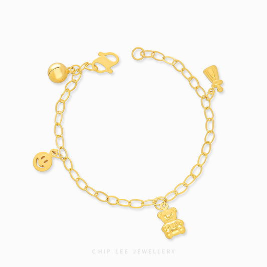 Smiley, Bear, Milk Bottle Charms Baby Bracelet by Chip Lee Jewellery, 916 gold, featuring playful charms, symbolizing joy and protection for newborns.