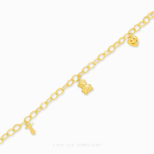Smiley Heart Bear Pacifier Charms Baby Bracelet by Chip Lee Jewellery, 916 gold, featuring playful charms, symbolizing joy and protection for newborns.