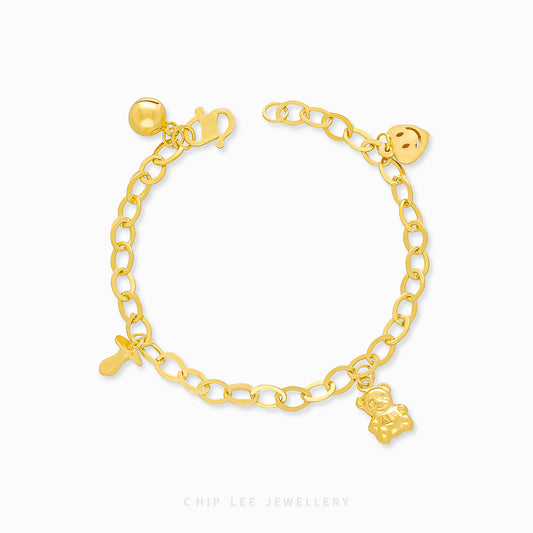 Smiley Heart Bear Pacifier Charms Baby Bracelet by Chip Lee Jewellery, 916 gold, featuring playful charms, symbolizing joy and protection for newborns.