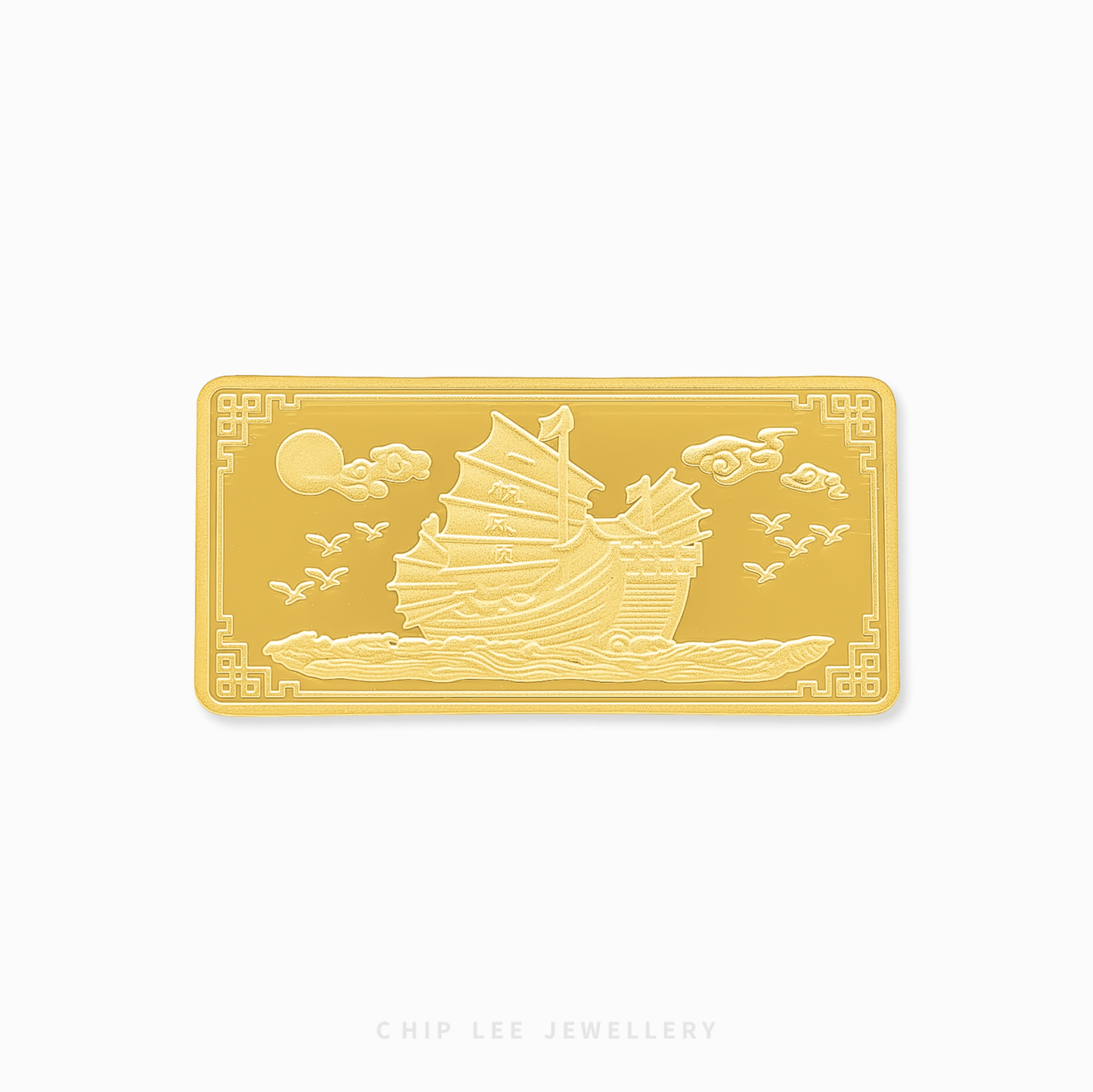 Gold bar with ship design on a white background, featuring the brand 'Chip Lee Jewellery'.