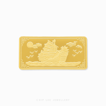 Gold bar with ship design on a white background, featuring the brand 'Chip Lee Jewellery'.