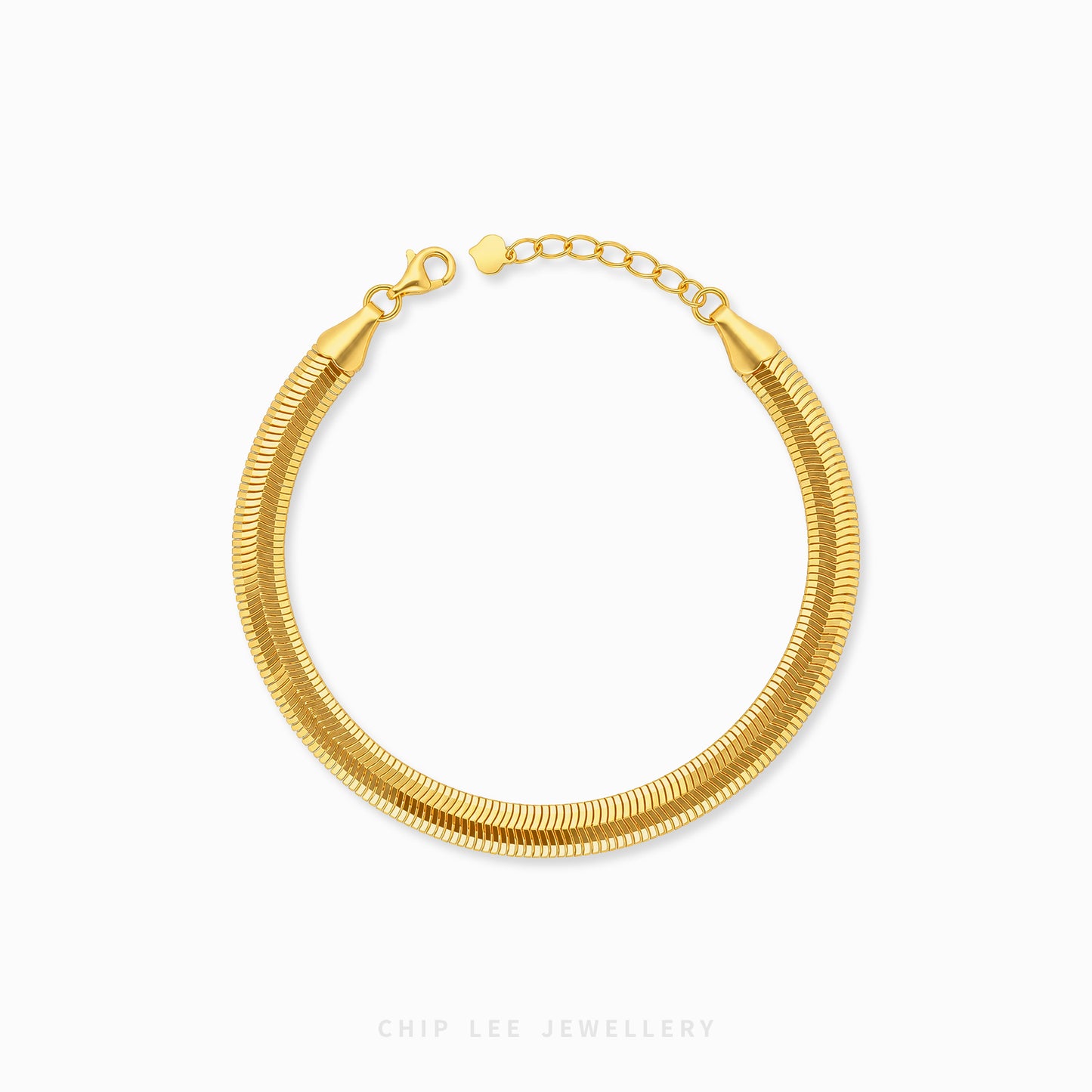 A gold snake chain bracelet with a lobster clasp and extension chain, displayed on a clean white background with the brand name 'CHIP LEE JEWELLERY' at the bottom.
