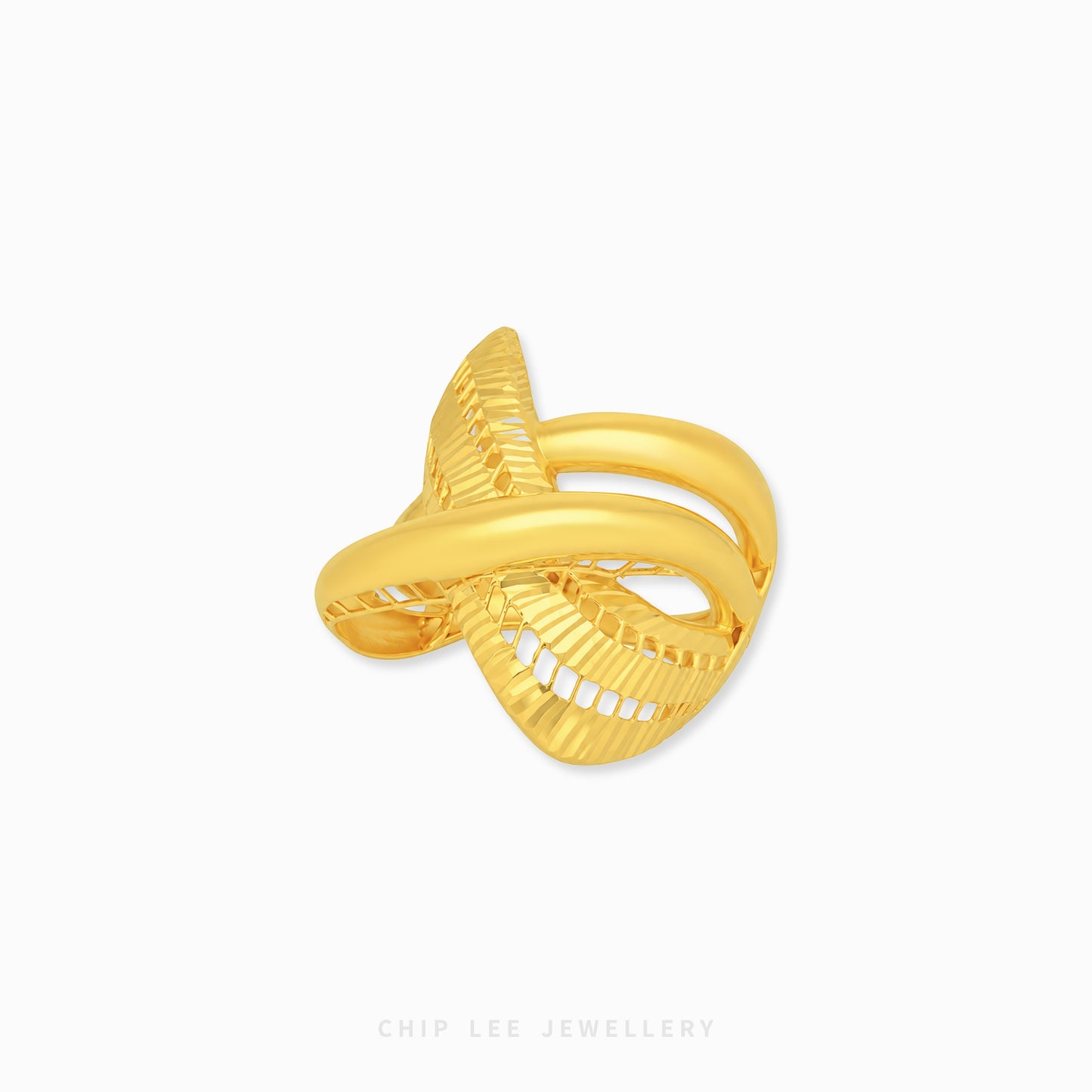 A gold ring with a sculptural, flowing ribbon-like design and textured, openwork details, shown on a clean white background with the brand name 'CHIP LEE JEWELLERY' at the bottom.