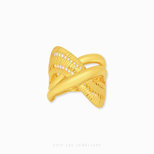 A gold wrap ring with a textured, ribbed design and openwork details, shown on a clean white background with the brand name 'CHIP LEE JEWELLERY' at the bottom.