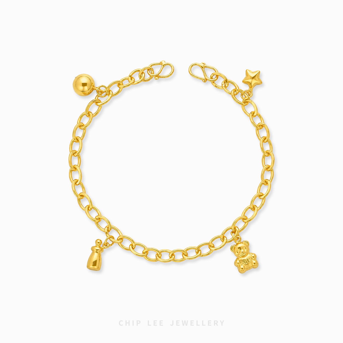 A gold chain anklet with small charms, including a teddy bear, a bottle, a star, and a ball, displayed on a clean white background with the brand name 'CHIP LEE JEWELLERY' at the bottom.