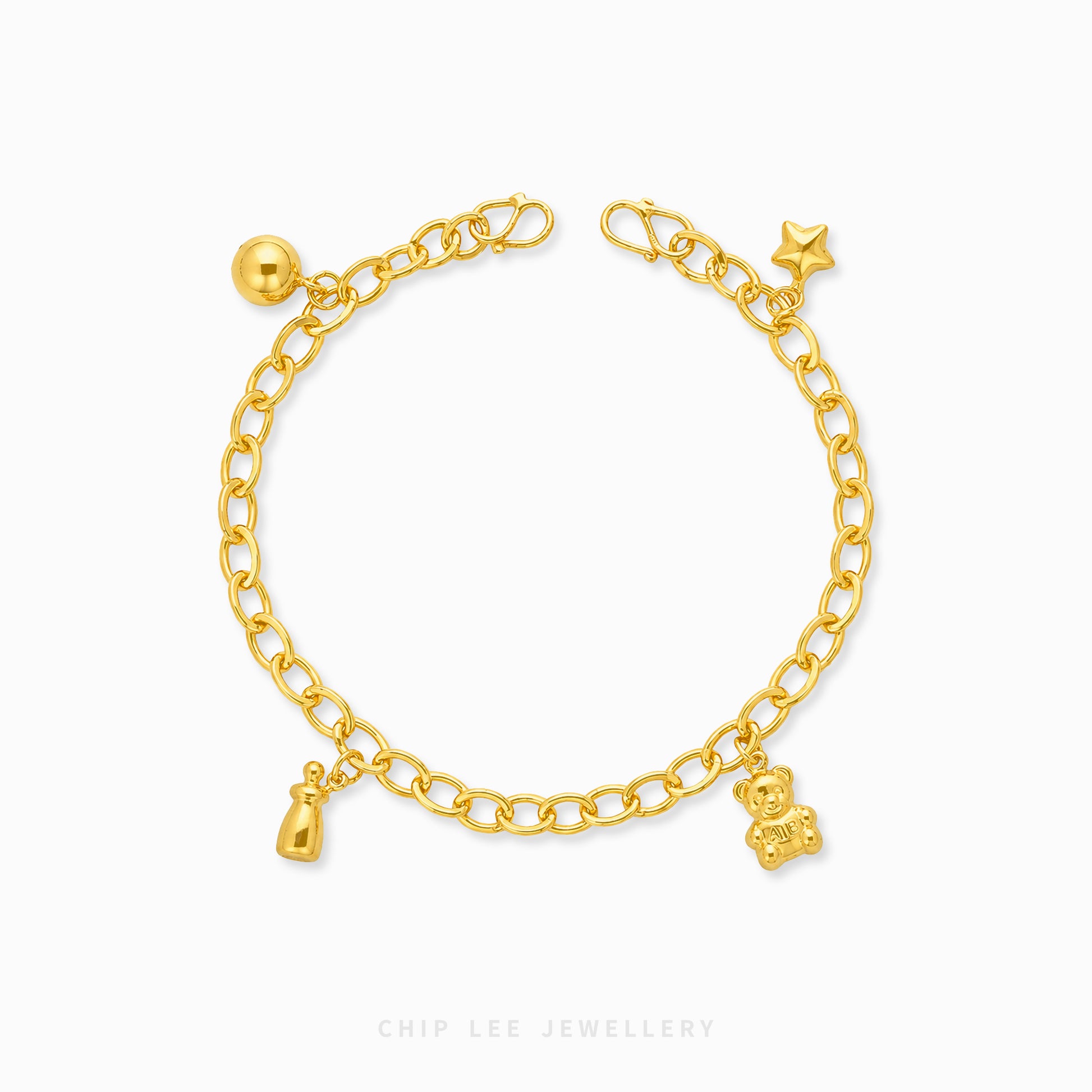 A gold chain anklet with small charms, including a teddy bear, a bottle, a star, and a ball, displayed on a clean white background with the brand name 'CHIP LEE JEWELLERY' at the bottom.