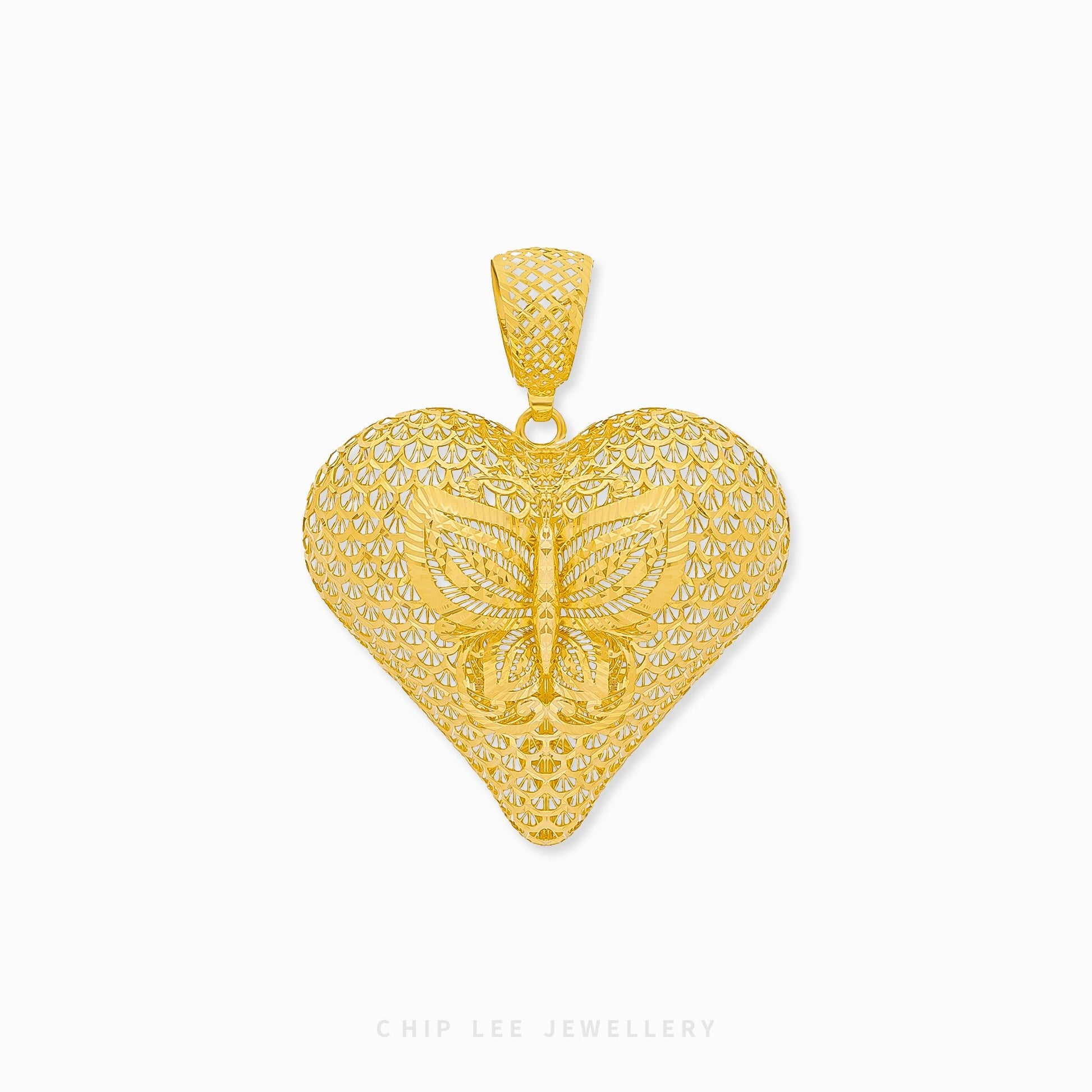 Statement Butterfly Heart Pendant in certified 916 gold (22K) by Chip Lee Jewellery Singapore – butterfly meets heart in luxury gold design.
