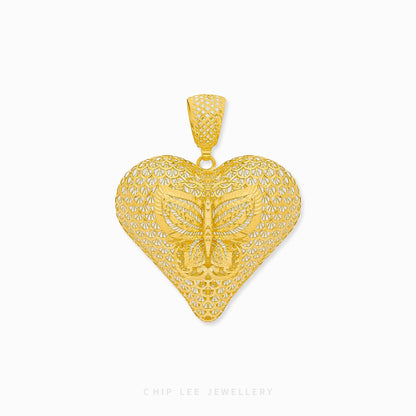 Statement Butterfly Heart Pendant in certified 916 gold (22K) by Chip Lee Jewellery Singapore – butterfly meets heart in luxury gold design.