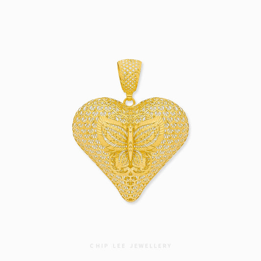 Statement Butterfly Heart Pendant in certified 916 gold (22K) by Chip Lee Jewellery Singapore – butterfly meets heart in luxury gold design.