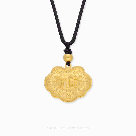 999 Pure Gold Good Fortune and Peace (纳福平安) Rope Necklace | Gu Fa Jin (古法金) Collection