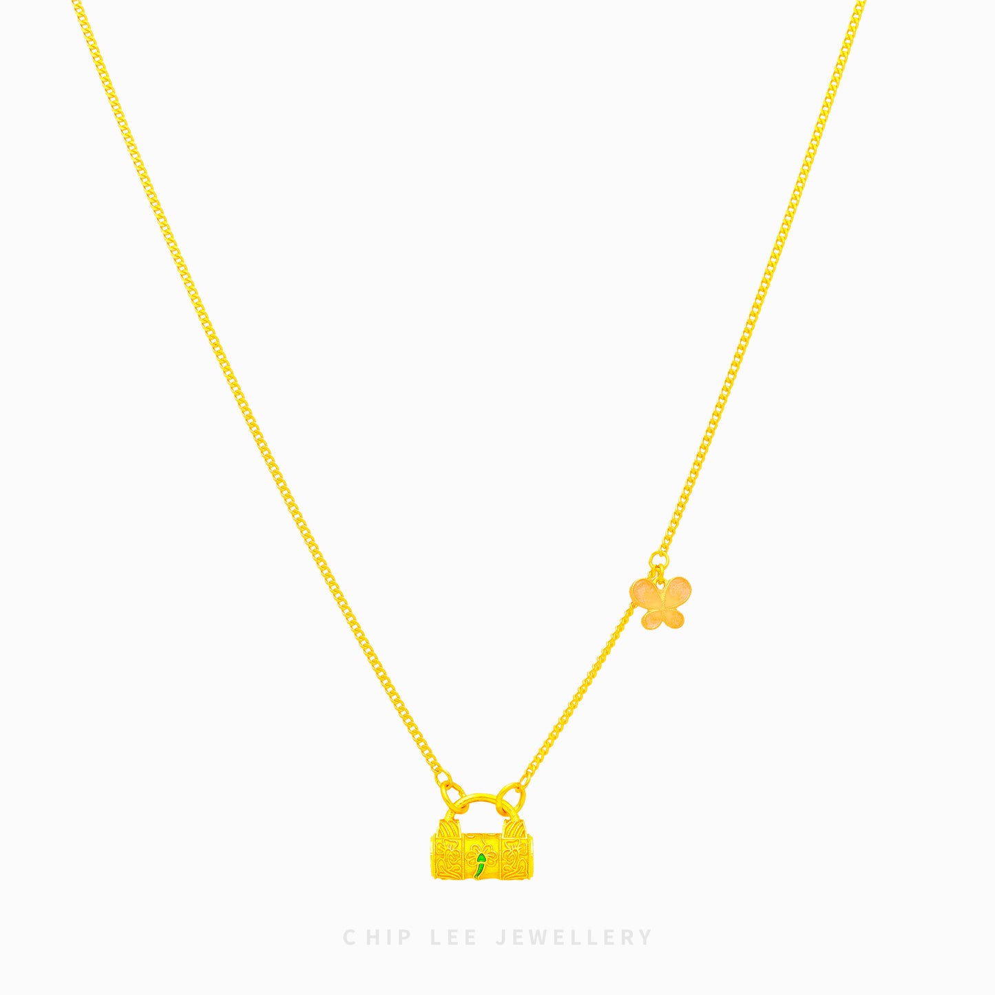 999 Pure Gold Gu Fa Jin Lock and Butterfly Charm Necklace