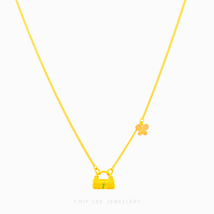 999 Pure Gold Gu Fa Jin Lock and Butterfly Charm Necklace