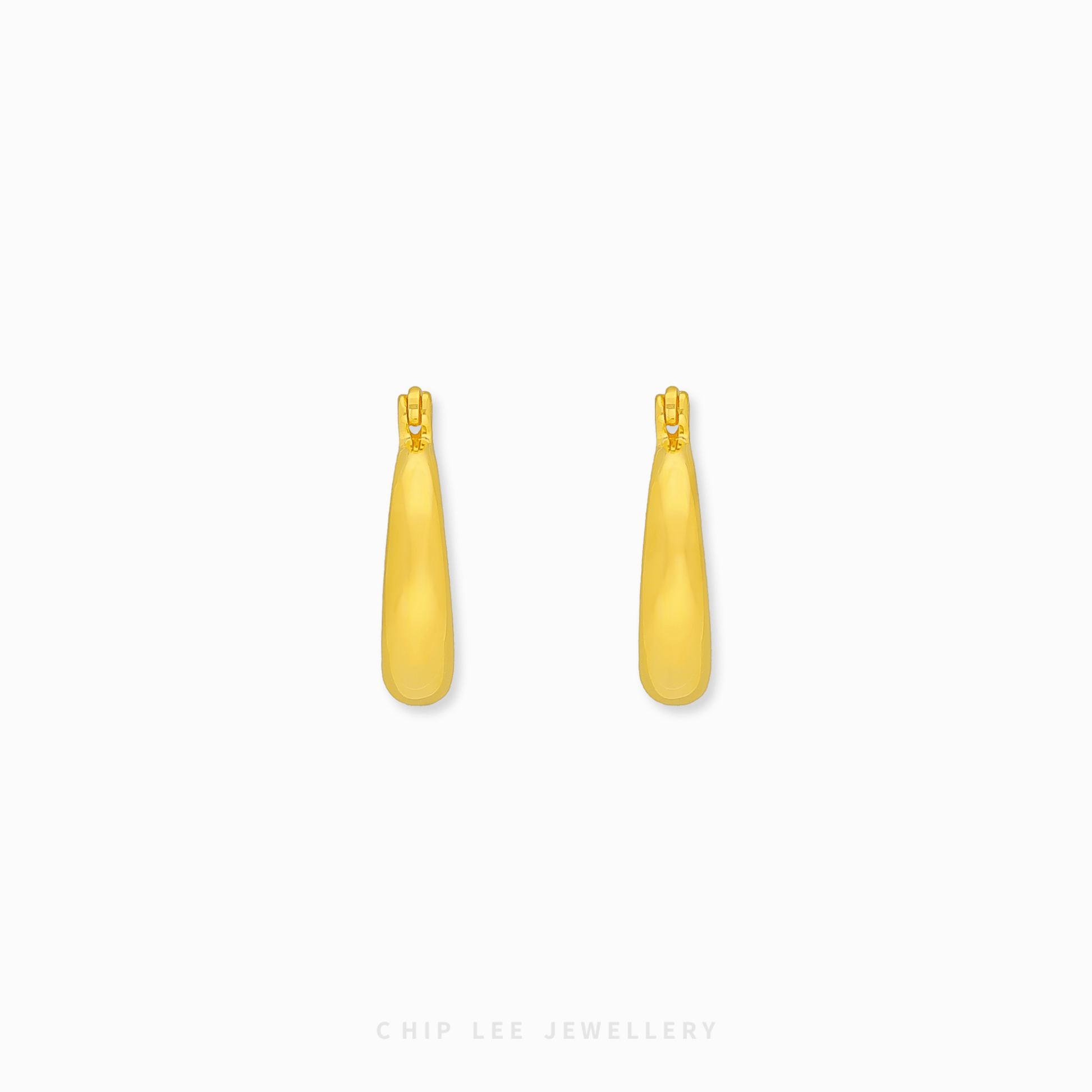 916 Gold Tapered Hoop Earrings by Chip Lee Jewellery Singapore. Sculptural, bold hoops symbolizing strength and unity. Thicker at the bottom.