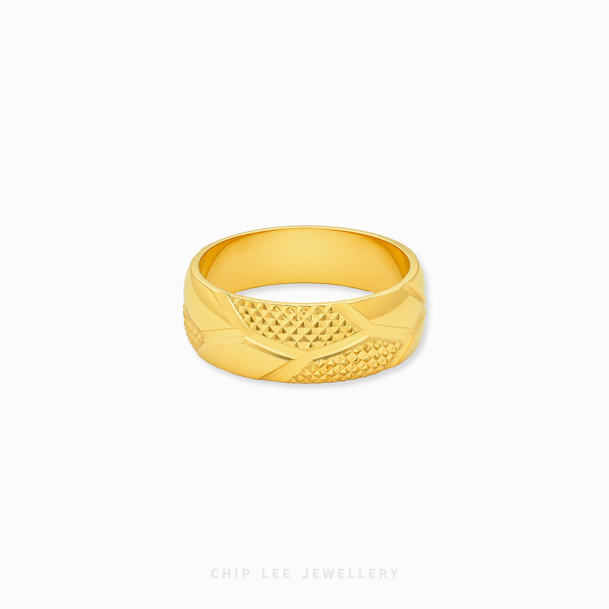 Gold ring with textured design on a white background, branded 'Chip Lee Jewellery'.