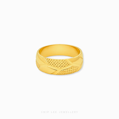 Gold ring with textured design on a white background, branded 'Chip Lee Jewellery'.