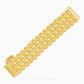 A gold multi-strand bracelet with textured and polished heart-shaped links, displayed diagonally on a clean white background with a brand watermark at the bottom.
