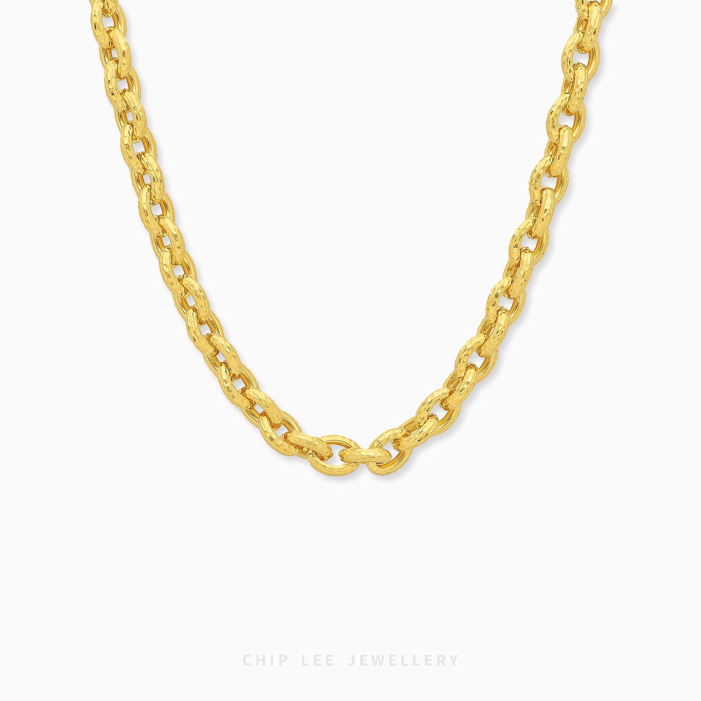 Textured Link Chain Necklace featuring detailed interconnected links with a polished finish, creating a sophisticated and modern statement jewellery piece.