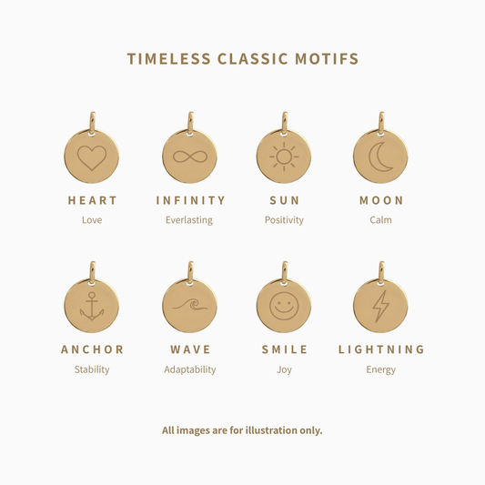 Timeless Classic Motifs Engraving by Chip Lee Jewellery Singapore, luxury personalised necklace charm for initials, dates and gifts.