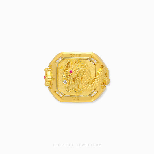 Traditional Dragon Ring with detailed dragon motif band in 916 gold by Chip Lee Jewellery Singapore