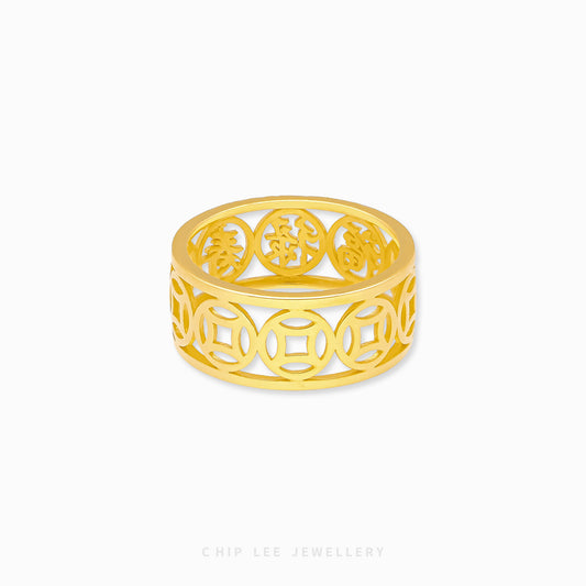 22K gold Traditional Symbol Ring with intricate Chinese motifs symbolising prosperity and heritage, crafted by Chip Lee Jewellery.