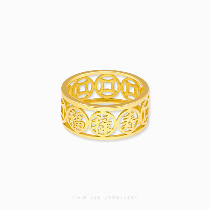 22K gold Traditional Symbol Ring with intricate Chinese motifs symbolising prosperity and heritage, crafted by Chip Lee Jewellery.