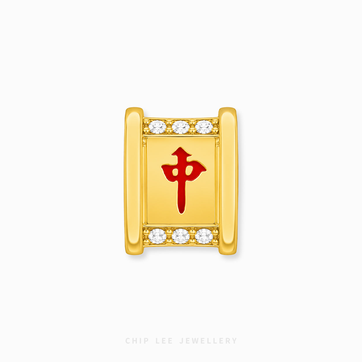 A gold-plated rectangular charm with a red Chinese character in the center, bordered by clear cubic zirconia stones on a light gray background.