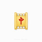 A gold-plated rectangular charm with a red Chinese character in the center, bordered by clear cubic zirconia stones on a light gray background.