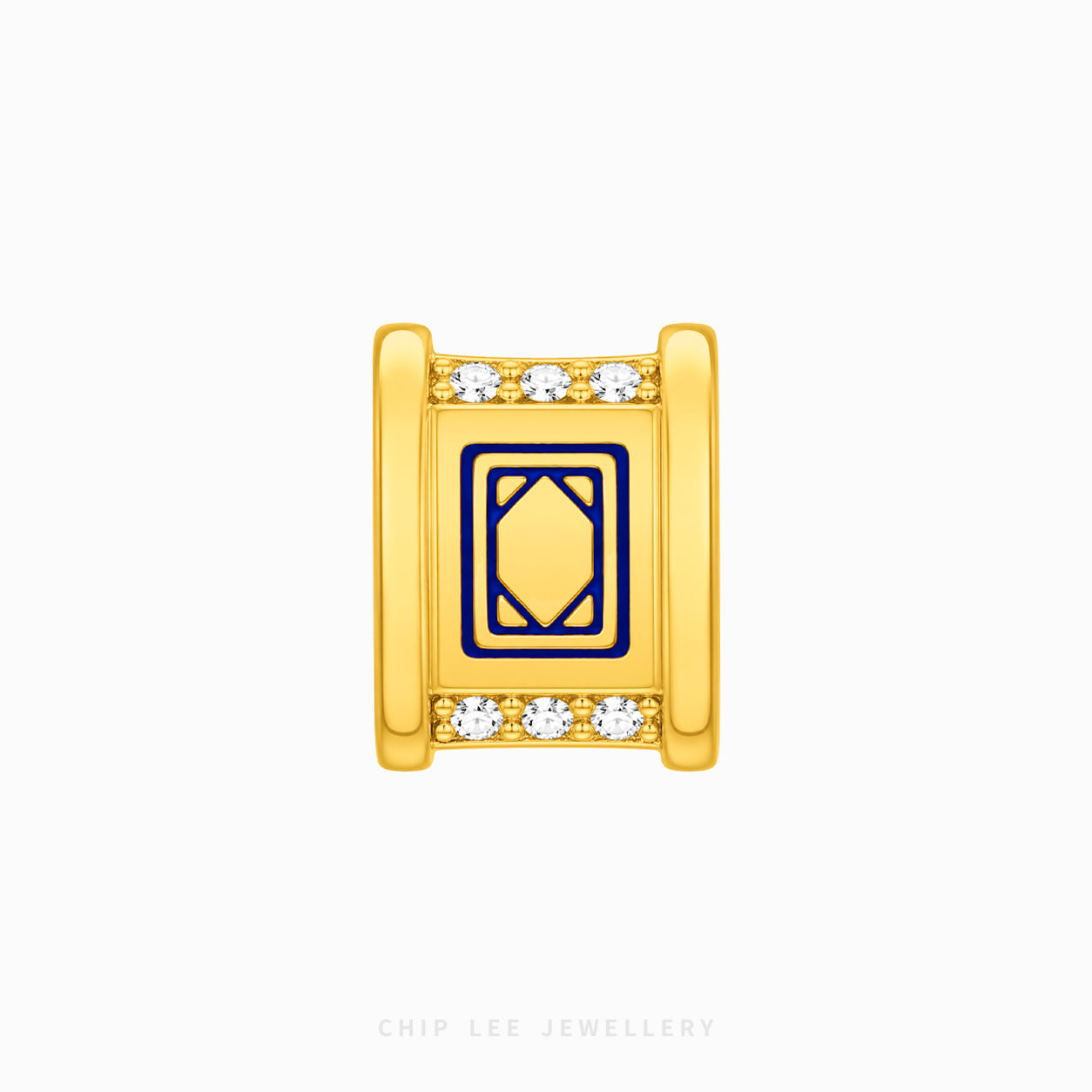 A gold-plated square charm with a blue enamel geometric center and rows of clear cubic zirconia stones on the top and bottom, shown on a light gray background with 'CHIP LEE JEWELLERY' text at the bottom.