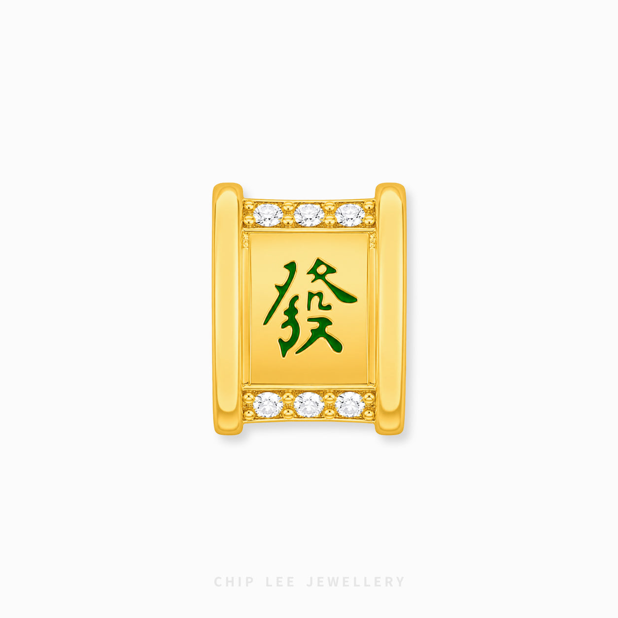 A gold rectangular charm with a green Chinese character for 'fortune' in the center, bordered by small clear stones at the top and bottom, shown on a light gray background with Chip Lee Jewellery branding at the bottom.