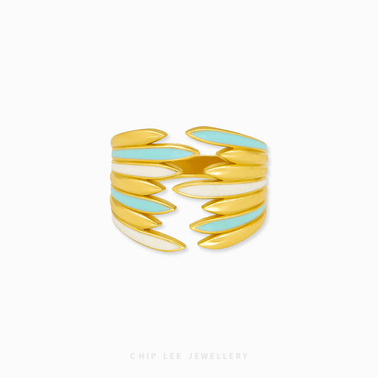 Turquoise White Enameled Wings Ring in 916 gold, hallmarked in Singapore for certified purity and authenticity.