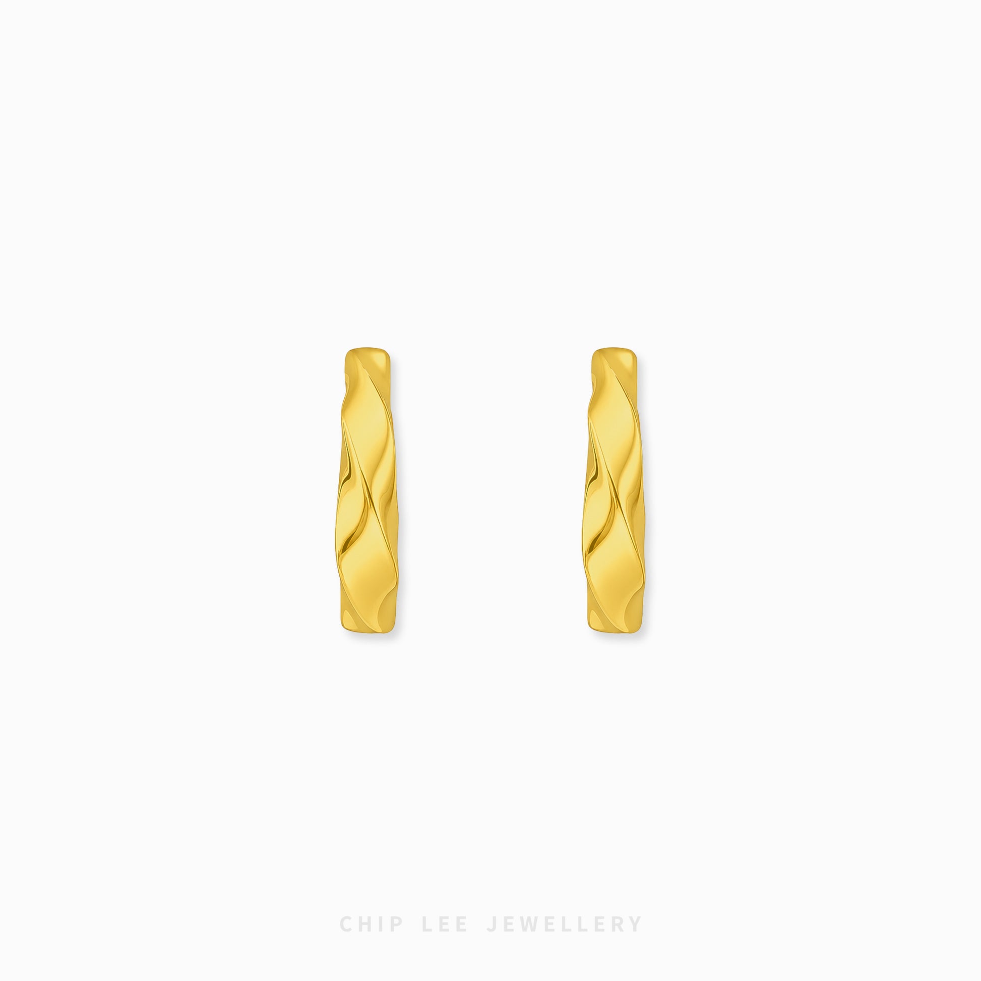 A pair of gold huggie hoop earrings with a twisted, textured surface, shown on a clean white background with the brand name 'CHIP LEE JEWELLERY' at the bottom.