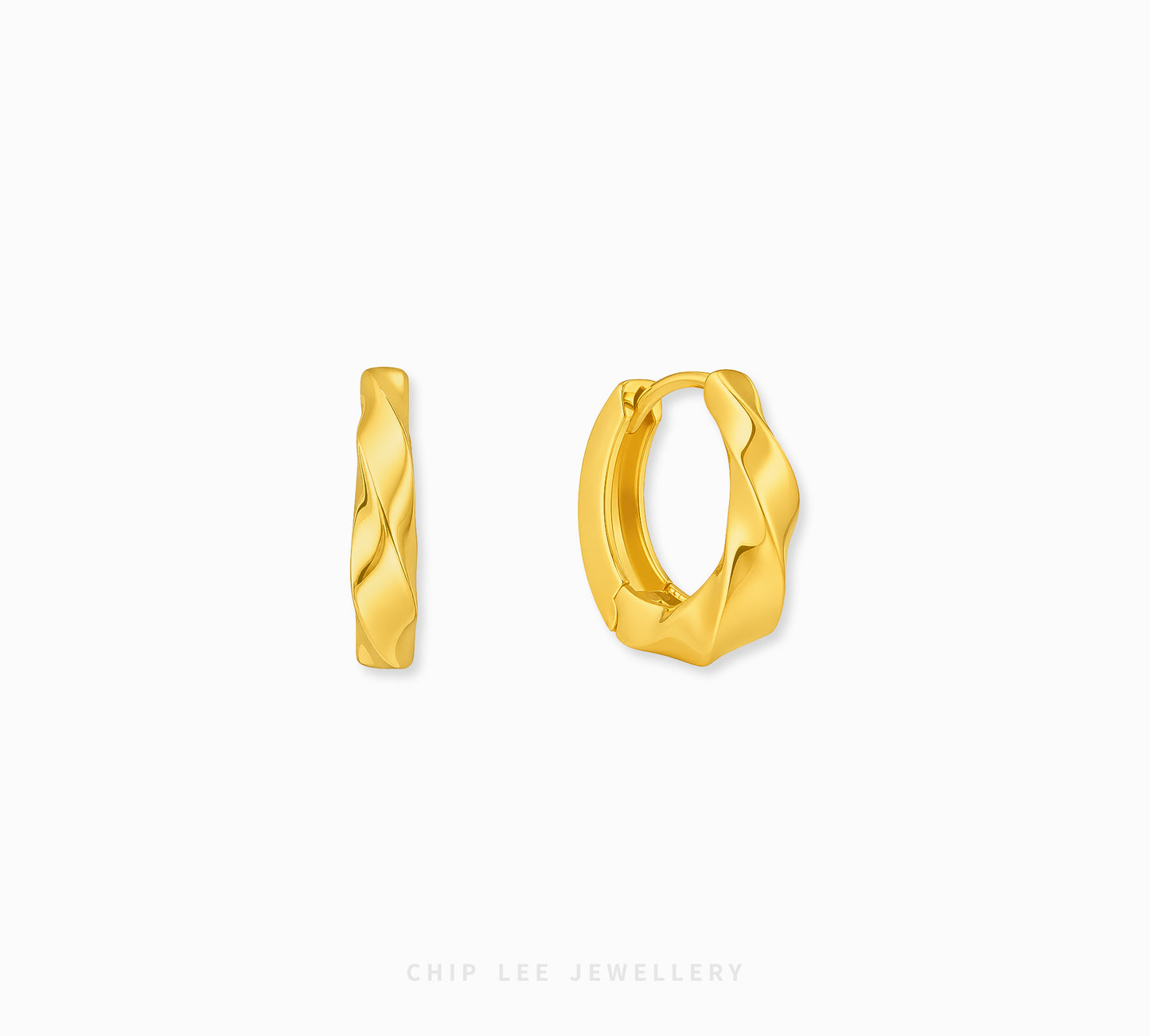 A pair of gold huggie hoop earrings with a twisted, textured surface, shown on a clean white background with the brand name 'CHIP LEE JEWELLERY' at the bottom.