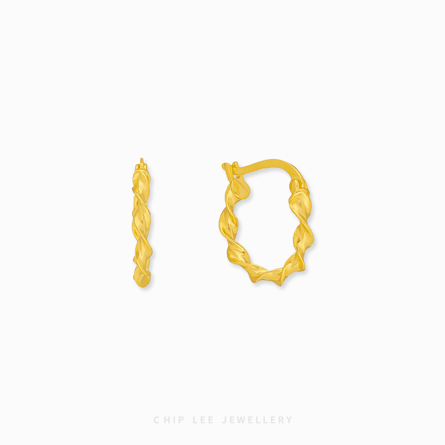 Chip Lee Jewellery Singapore Twisted Hoop Earrings 916 Gold for women. Textured gold hoops online. Modern, elegant, daily wear accessory.