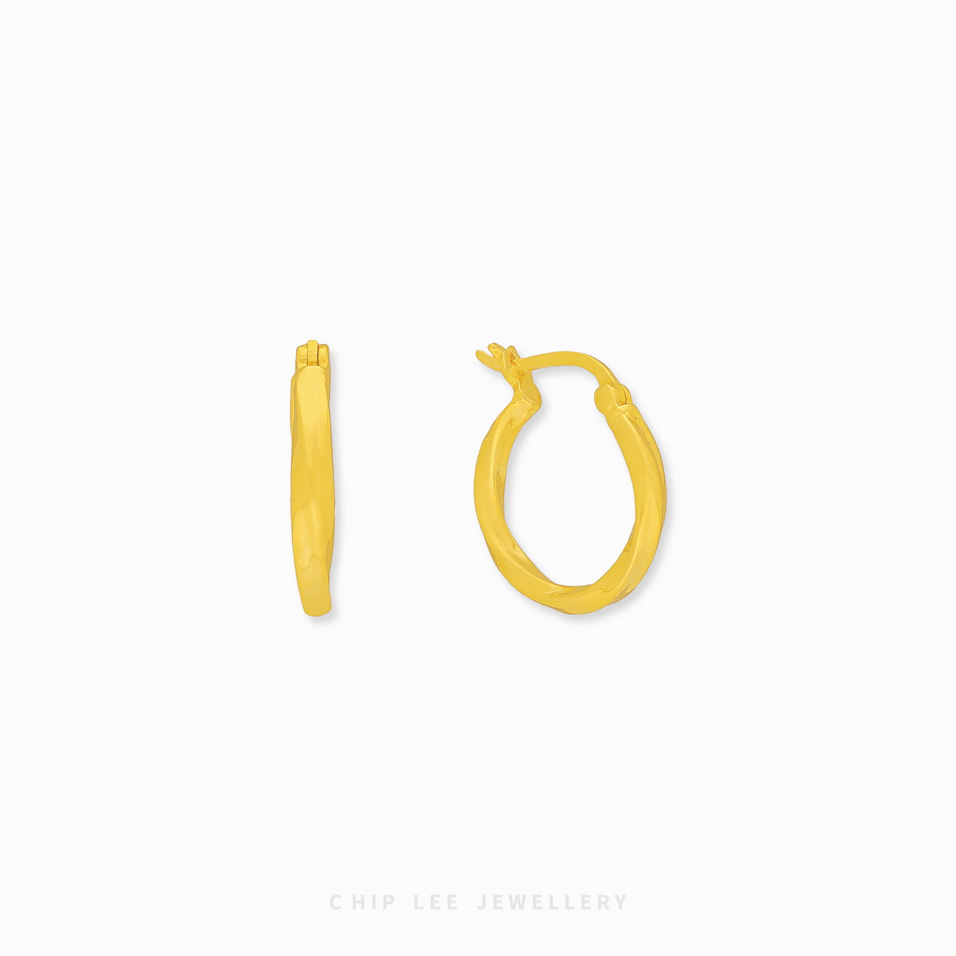Chip Lee Jewellery Singapore Twisted Hoop Earrings 916 Gold for women. Textured gold hoops online. Modern, elegant, daily wear accessory.