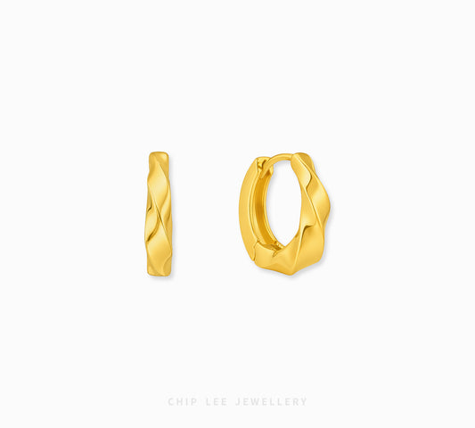 A pair of gold huggie hoop earrings with a twisted, textured surface, shown on a clean white background with the brand name 'CHIP LEE JEWELLERY' at the bottom.
