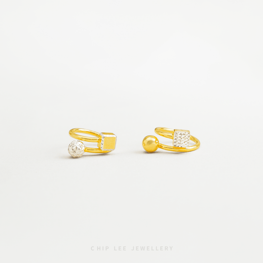 Gold open-knit ring with spherical embellishments on a white background, branded 'Chop Lee Jewellery'.