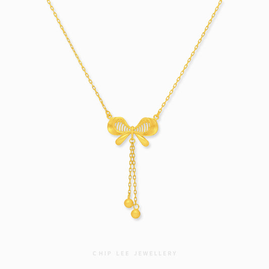 999 | 24K Gold Kurdele Necklace with ribbon bow pendant in pure gold by Chip Lee Jewellery Singapore