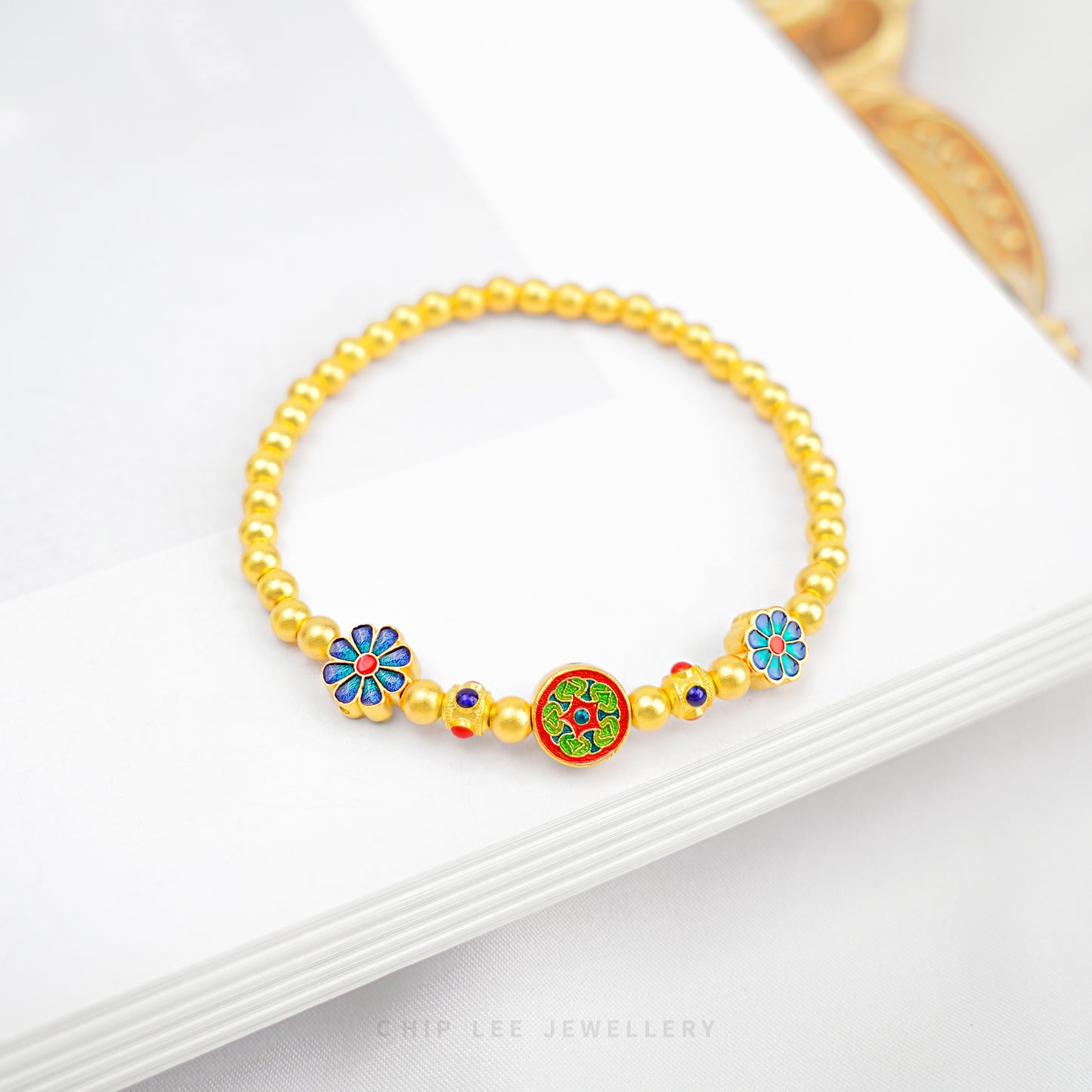 999 Pure Gold Gu Fa Jin Flowers Charm Beaded Bracelet